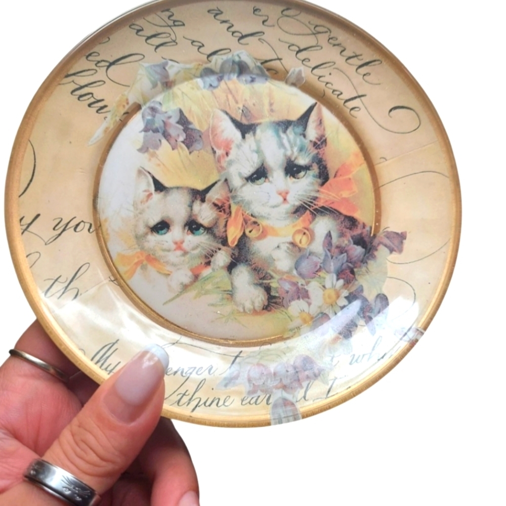 VTG Floral Cat Kittens Decorative Trinket Plate